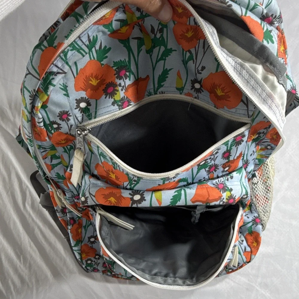 JanSport Floral Backpack Gray/Orange Bottle Pocket Zip Adjustable Straps